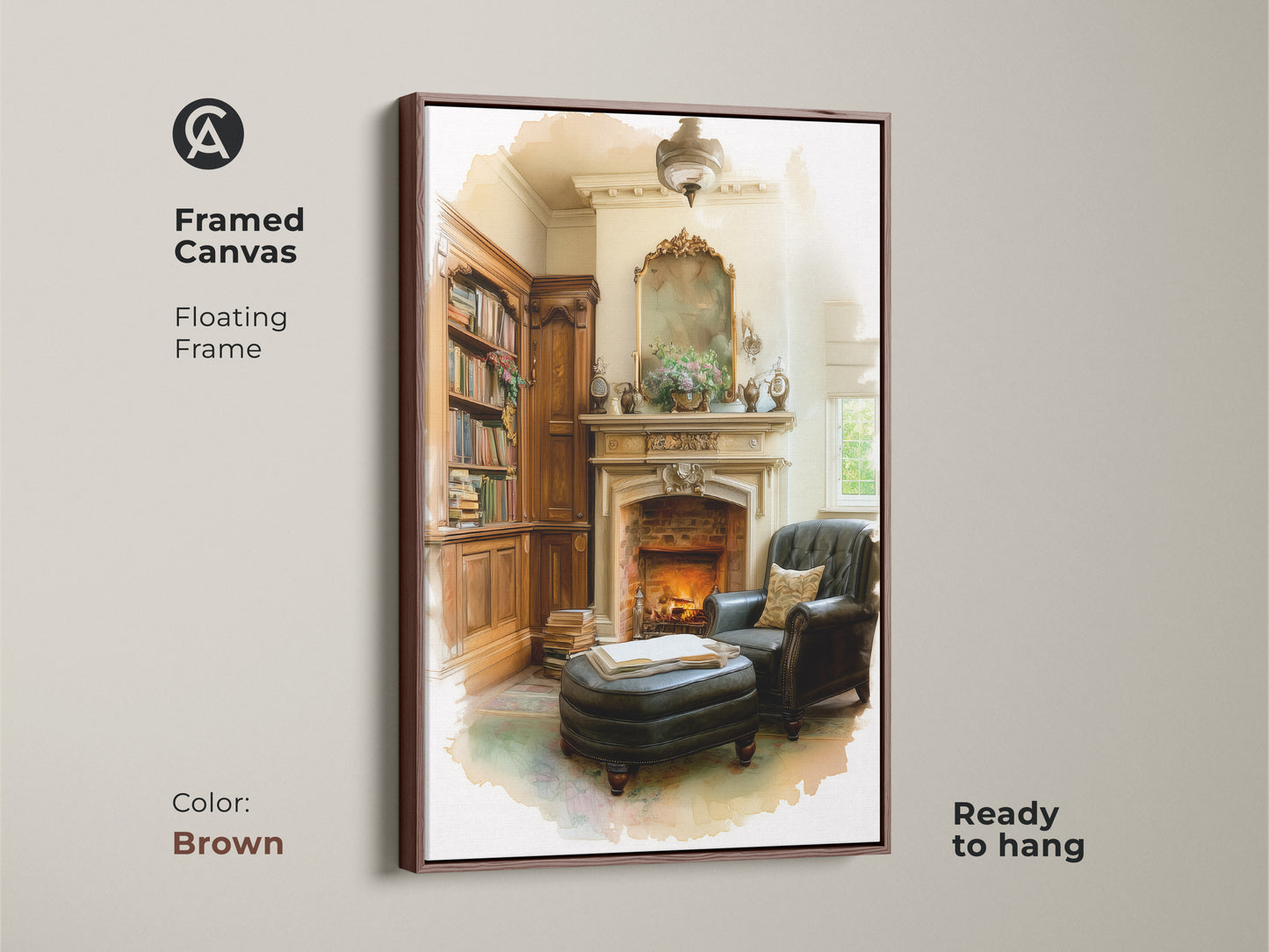 Framed canvas print of a cozy library with fireplace and leather armchair. The floating frame in brown complements the warm tones of the artwork. This book lover's housewarming gift adds a touch of traditional elegance. Ideal vintage fireplace art for a sophisticated and comfortable home interior.
