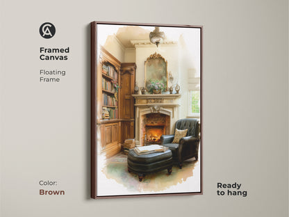 Framed canvas print of a cozy library with fireplace and leather armchair. The floating frame in brown complements the warm tones of the artwork. This book lover's housewarming gift adds a touch of traditional elegance. Ideal vintage fireplace art for a sophisticated and comfortable home interior.