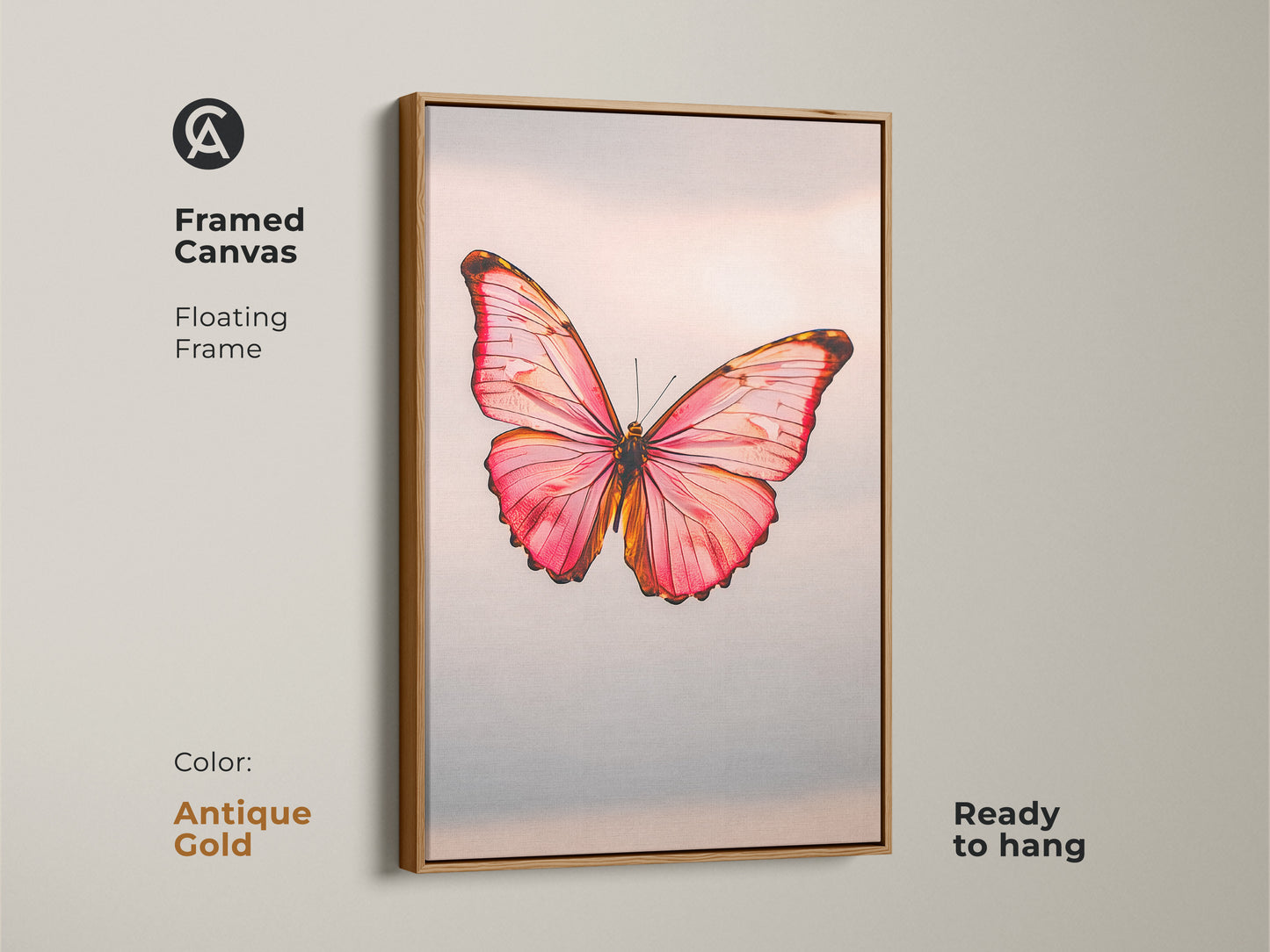 Framed canvas with a floating frame showcasing insect art. The modern nature canvas is ready to hang. The minimalist butterfly decor comes in antique gold. The pink butterfly artwork is a rose gold butterfly print.
