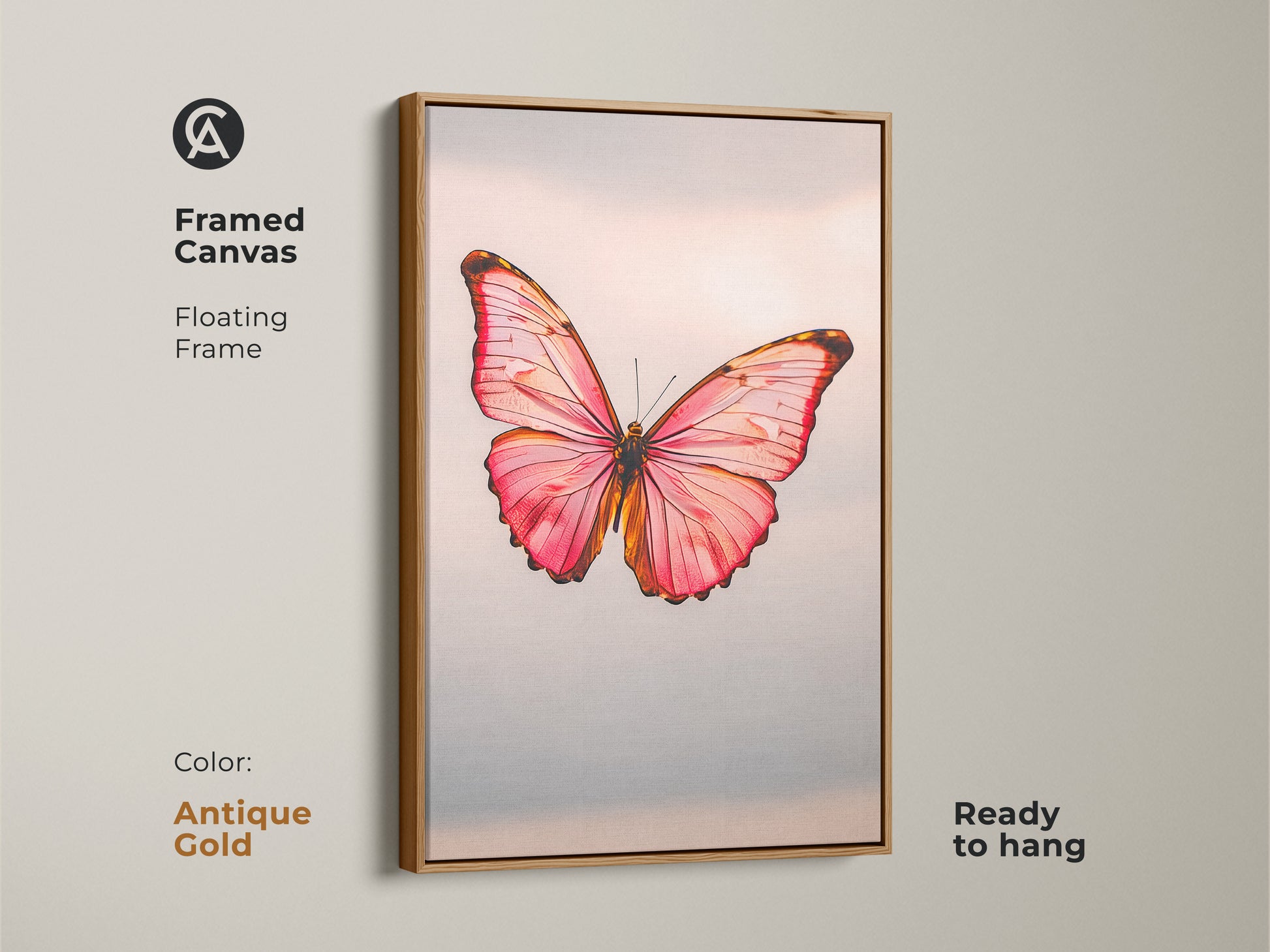 Framed canvas with a floating frame showcasing insect art. The modern nature canvas is ready to hang. The minimalist butterfly decor comes in antique gold. The pink butterfly artwork is a rose gold butterfly print.