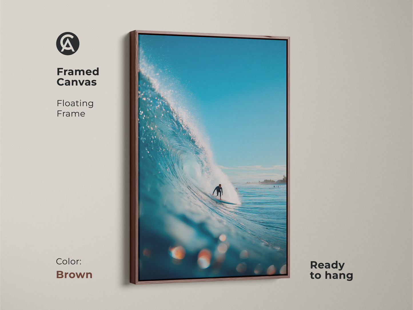 Beautiful surfing artwork with a brown framed canvas. It shows a surfer gracefully riding a blue wave. The floating frame adds sophistication. A perfect art piece ready to enhance any room.