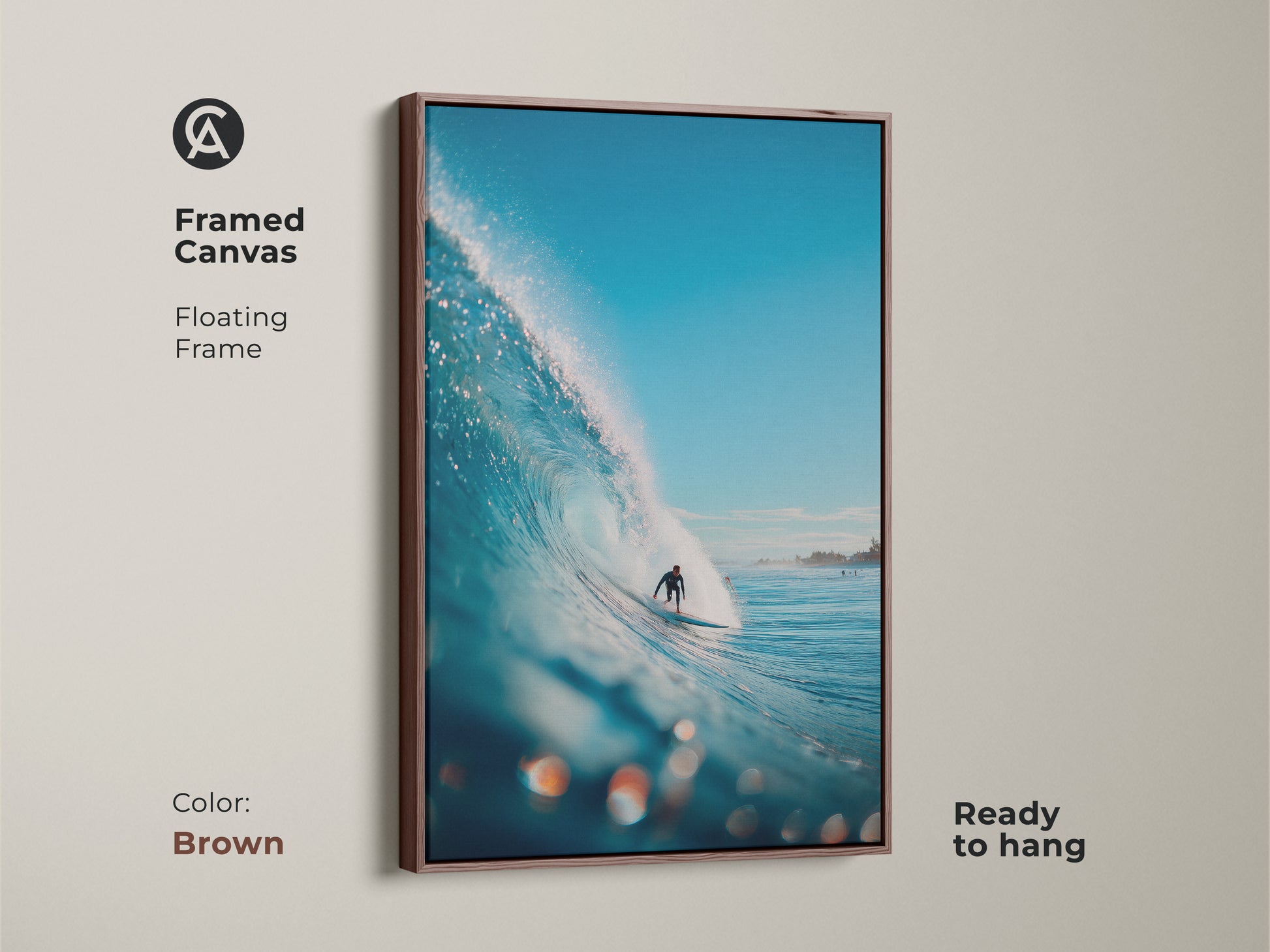 Beautiful surfing artwork with a brown framed canvas. It shows a surfer gracefully riding a blue wave. The floating frame adds sophistication. A perfect art piece ready to enhance any room.