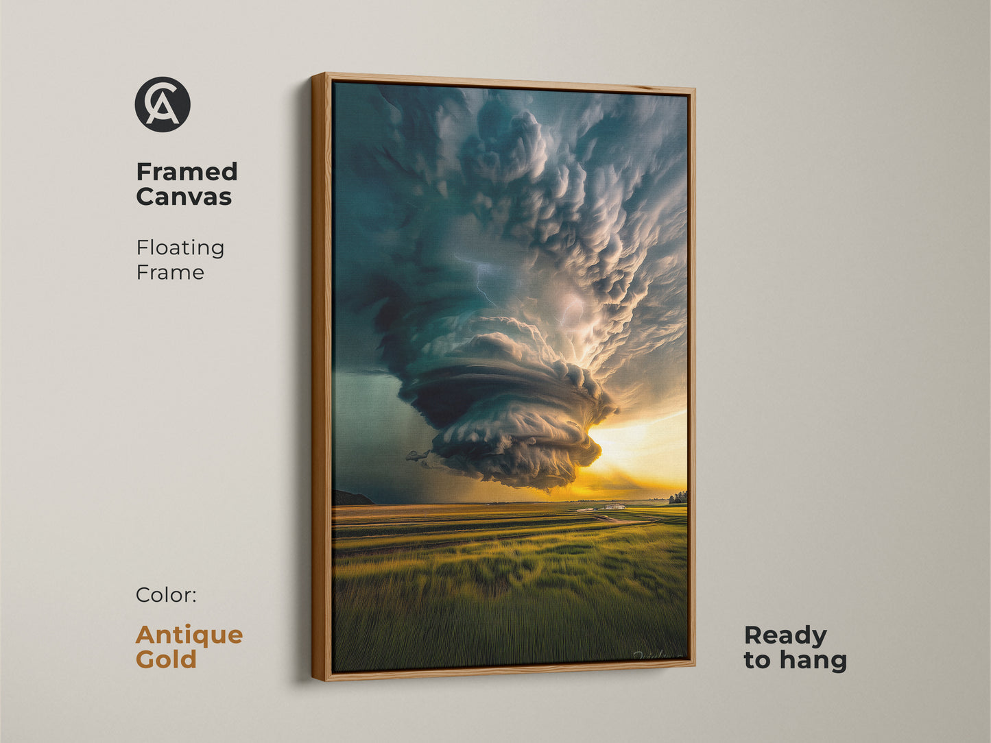 Antique gold framed canvas featuring a dramatic tornado landscape art with a floating frame. This modern wall decor piece is ready to hang. The teal and yellow nature art adds a dynamic focal point to a living room or office space. Perfect as a housewarming gift.