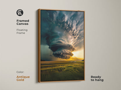 Antique gold framed canvas featuring a dramatic tornado landscape art with a floating frame. This modern wall decor piece is ready to hang. The teal and yellow nature art adds a dynamic focal point to a living room or office space. Perfect as a housewarming gift.