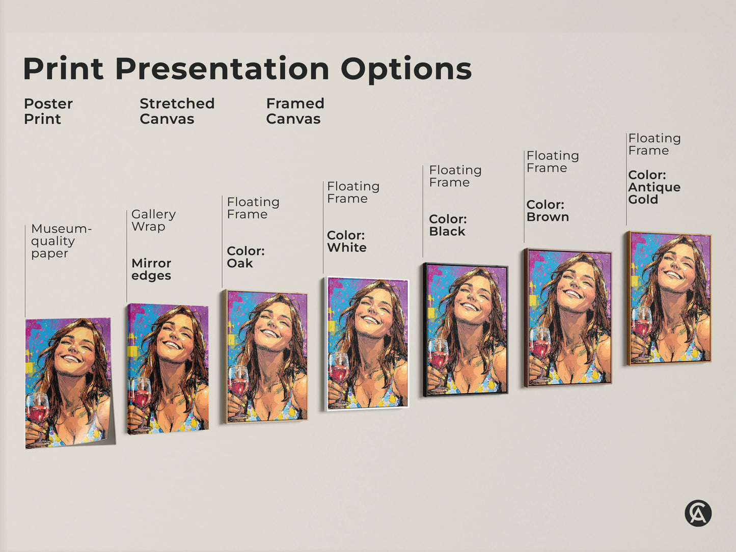 Explore presentation options for this woman with wine glass art print. Choose from poster print stretched canvas or framed canvas. Each option enhances the pop art style and eclectic artwork. Perfect for vibrant wall art and adding artistic expression to your home decor.