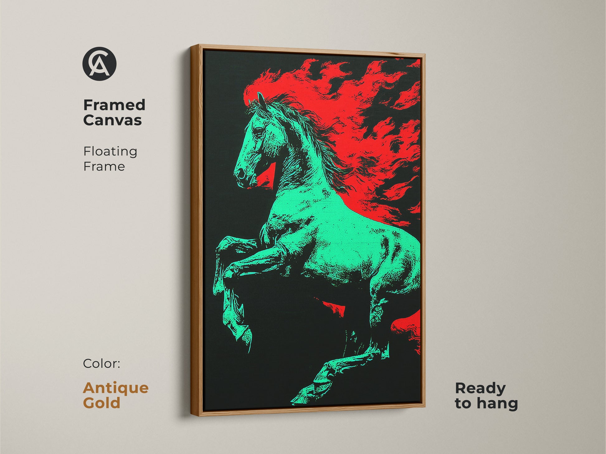 Framed canvas art displaying a green horse with red flames Antique gold floating frame enhances this unique horse poster. Modern eclectic decor suitable for any room. Makes a statement as bold animal wall art.