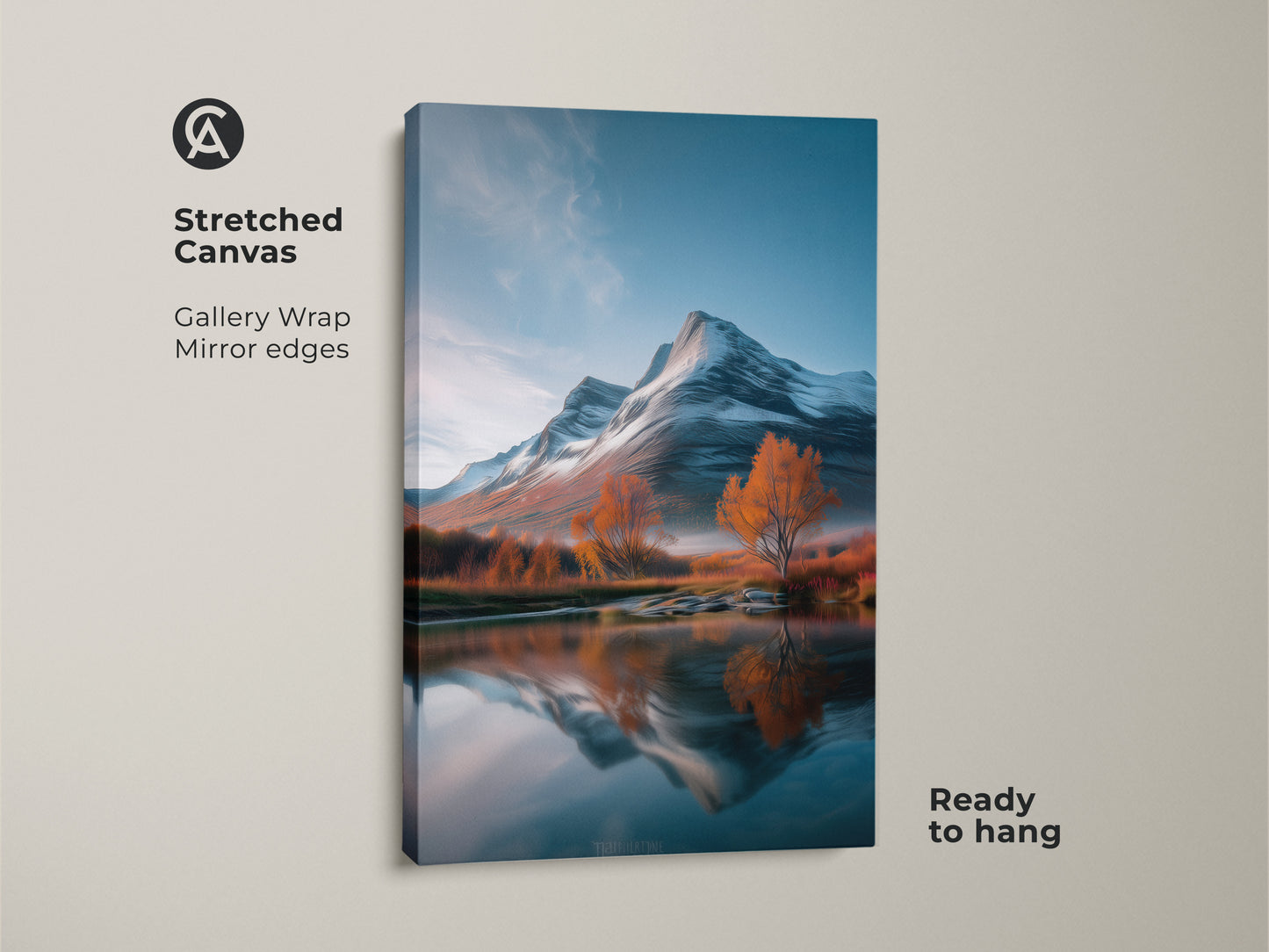 Stretched canvas print of a mountain landscape. It features snow-capped mountains autumn trees and a reflective lake. This gallery-wrapped canvas brings rustic nature indoors. The blue white and orange artwork is ready to hang and ideal for any room. The mirror edges enhance the scenic view.