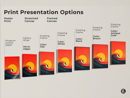 Explore print presentation options for coastal art. Poster prints stretched canvas and framed canvas. Museum-quality paper and mirror edges enhance the artwork. Floating frames in various colors available. Choose the perfect style for your ocean wave art.