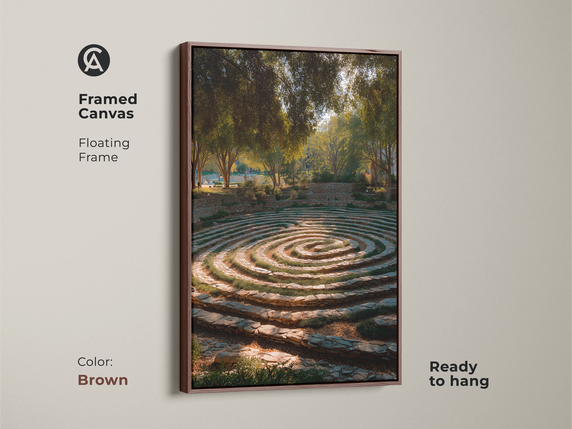 Framed canvas featuring a garden maze with stone steps in a floating brown frame. The biophilic artwork enhances any interior. The gold brown and green tones provide a tranquil ambiance and natural elegance. It's ready to hang and adds earthy tones to your home.