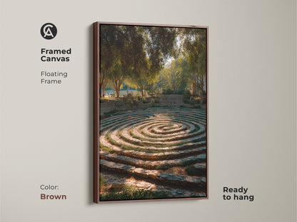 Framed canvas featuring a garden maze with stone steps in a floating brown frame. The biophilic artwork enhances any interior. The gold brown and green tones provide a tranquil ambiance and natural elegance. It's ready to hang and adds earthy tones to your home.