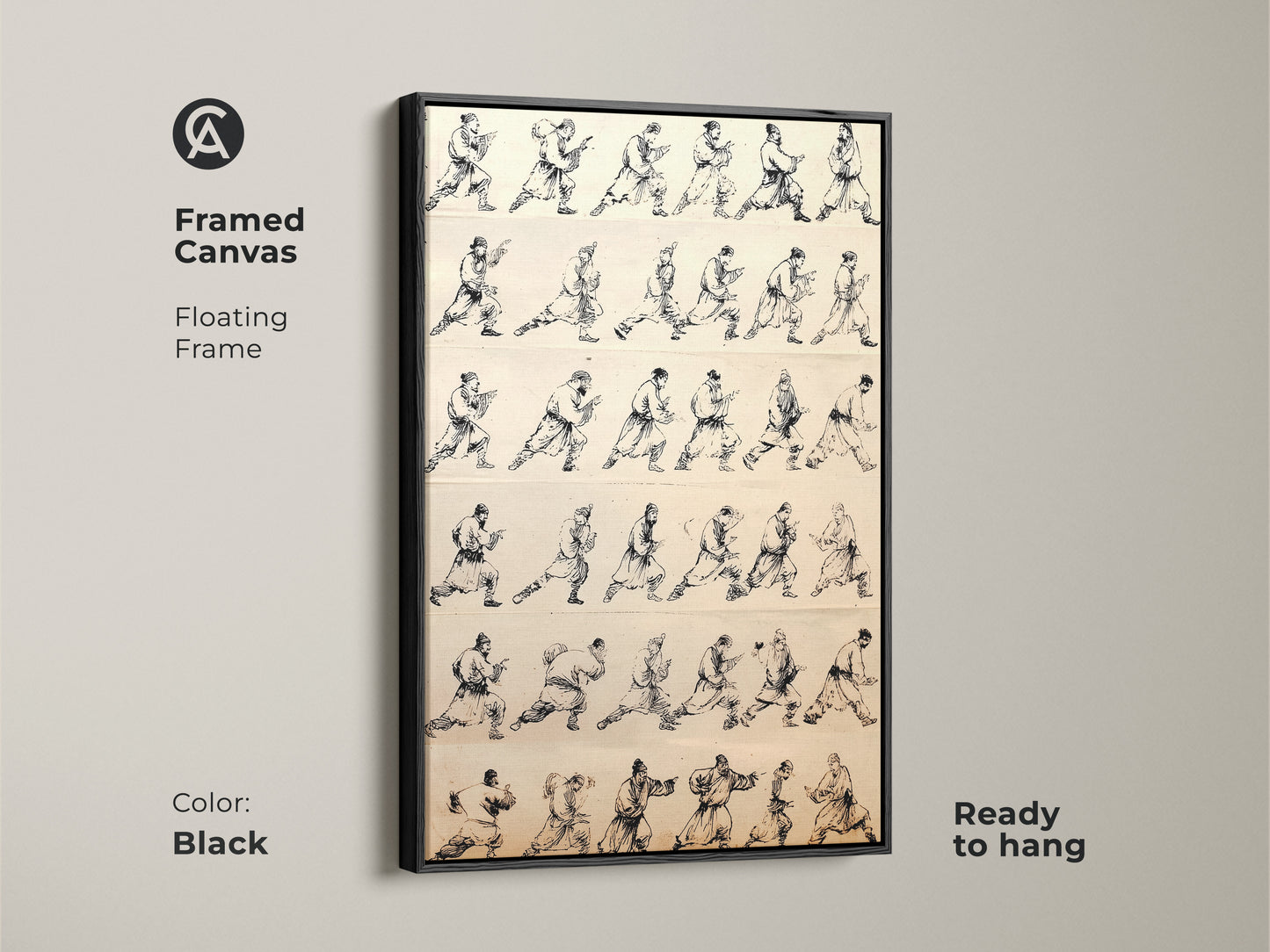 A framed canvas in black showcases traditional Chinese ink wash art. This minimalist black and white artwork features martial arts warrior movement studies. The floating frame wall decor brings disciplined energy and historical depth. Ready to hang in any space.