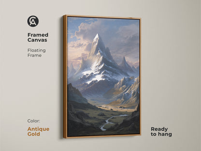 Framed canvas features an antique gold floating frame around a mountain scene. This wilderness canvas print is ready to hang. It's a realistic landscape wall art for outdoor enthusiasts.