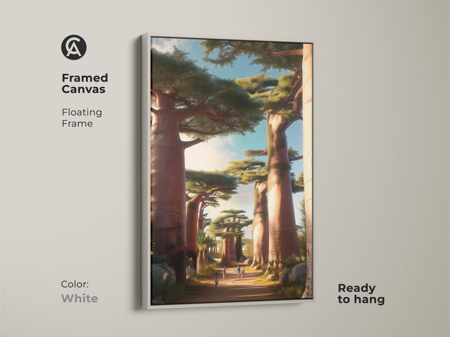 Framed canvas featuring African Baobab Trees. Floating frame in white offers a clean modern look. This earthy tones nature artwork is ready to hang. The painterly landscape print brings a boho aesthetic. A unique housewarming gift for travelers.