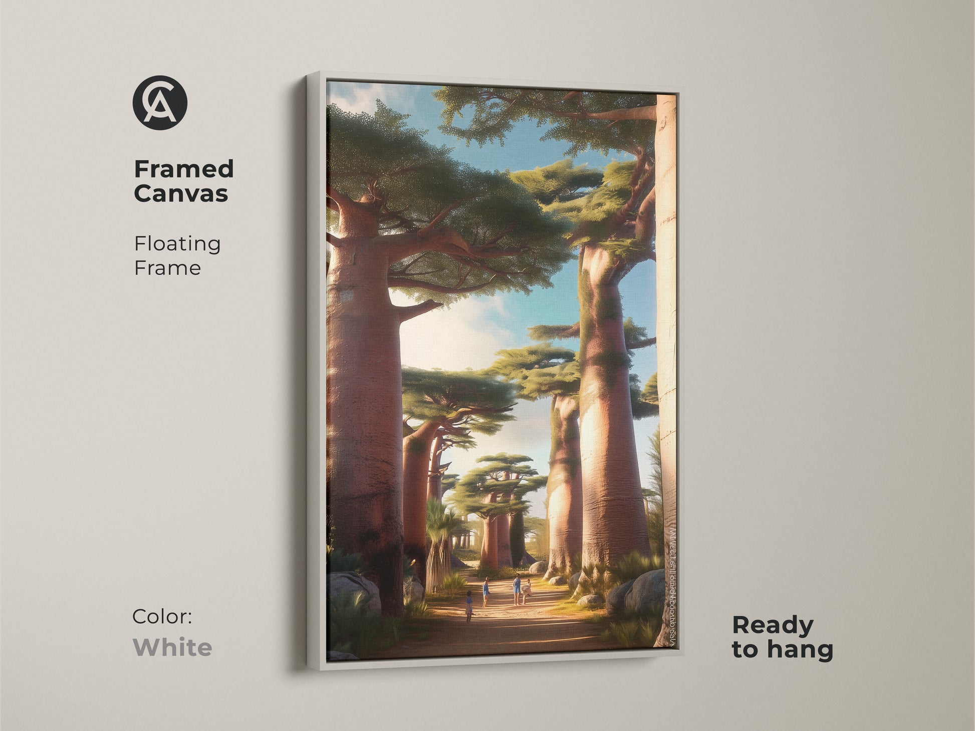 Framed canvas featuring African Baobab Trees. Floating frame in white offers a clean modern look. This earthy tones nature artwork is ready to hang. The painterly landscape print brings a boho aesthetic. A unique housewarming gift for travelers.