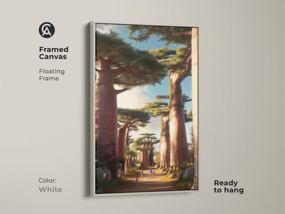 Framed canvas featuring African Baobab Trees. Floating frame in white offers a clean modern look. This earthy tones nature artwork is ready to hang. The painterly landscape print brings a boho aesthetic. A unique housewarming gift for travelers.