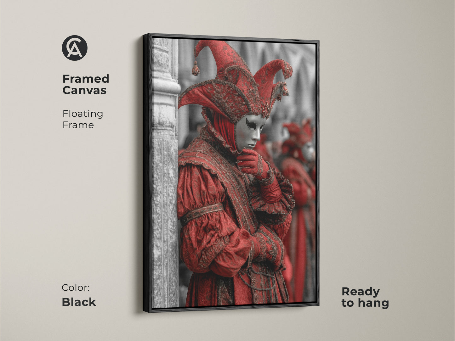 Framed canvas art featuring a Venetian Carnival jester. A red mask masquerade art piece for an eclectic home. The gothic baroque costume wall art. A great Italian festival decor framed in black. This artwork is ready to hang in any room.