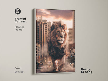 Framed canvas with a floating frame in white. This canvas print features a lion in a cityscape. The urban wildlife wall art is contemporary. Buy this ready to hang art now.
