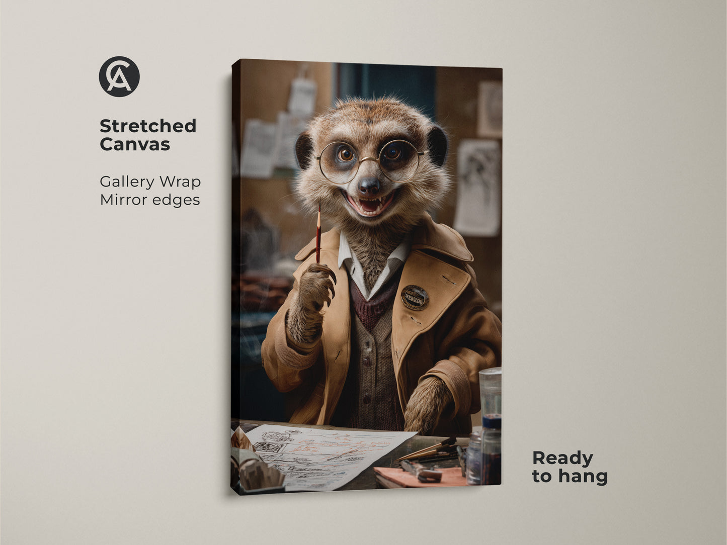 Stretched canvas of a dapper meerkat artwork with glasses. It is ready to hang and features mirror edges. This gallery wrapped canvas print makes great eclectic office wall art. A tan gold animal lover gift that is humorous and quirky.