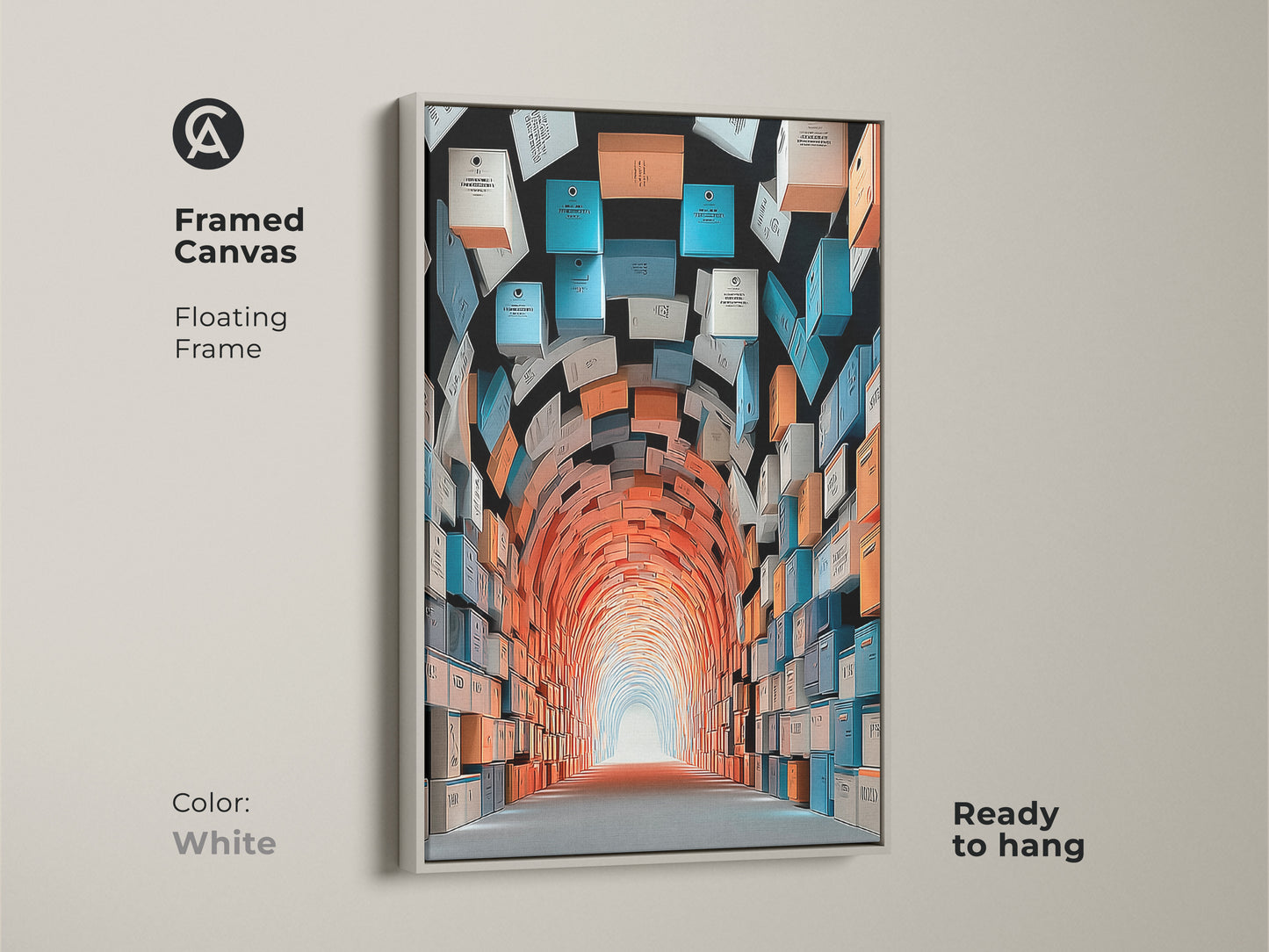 A white floating frame enhances this abstract tunnel art canvas. The conceptual artwork shows an array of orange teal and blue boxes. It’s a modern piece ready to hang and will enhance your home decor. This contemporary artwork is a perfect gift for art lovers.
