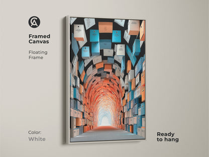 A white floating frame enhances this abstract tunnel art canvas. The conceptual artwork shows an array of orange teal and blue boxes. It’s a modern piece ready to hang and will enhance your home decor. This contemporary artwork is a perfect gift for art lovers.