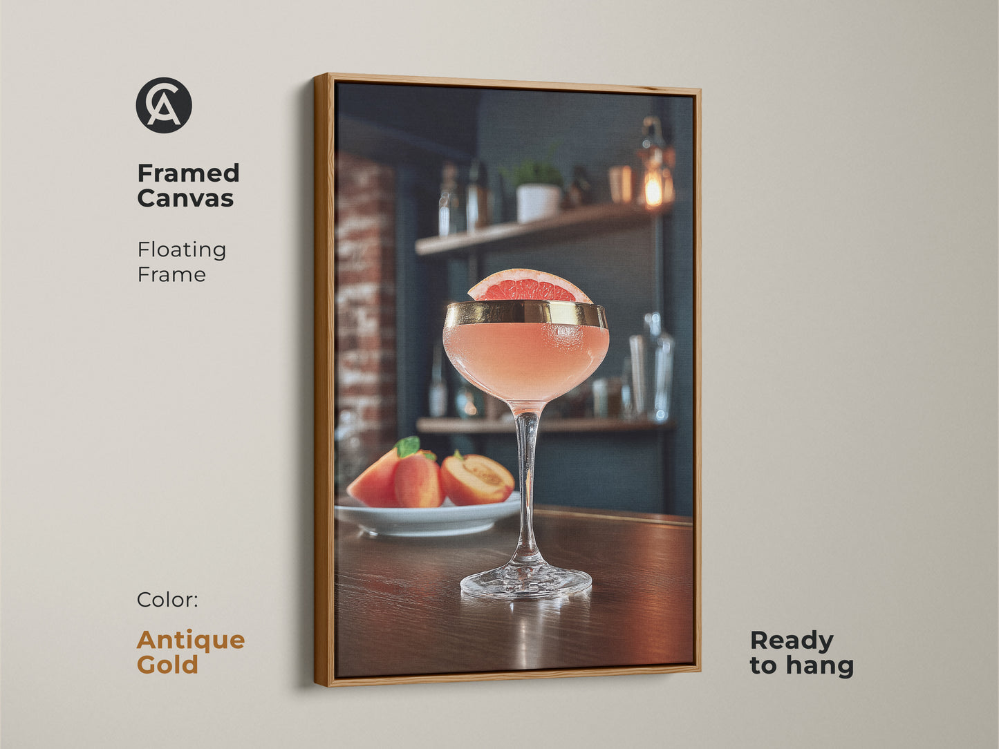 Antique Gold framed canvas featuring grapefruit and peach cocktail art. This floating frame enhances the pink drink canvas making it ready to hang. This is a perfect addition to Scandinavian-inspired decor for a home bar. This is an ideal gift for cocktail enthusiasts.