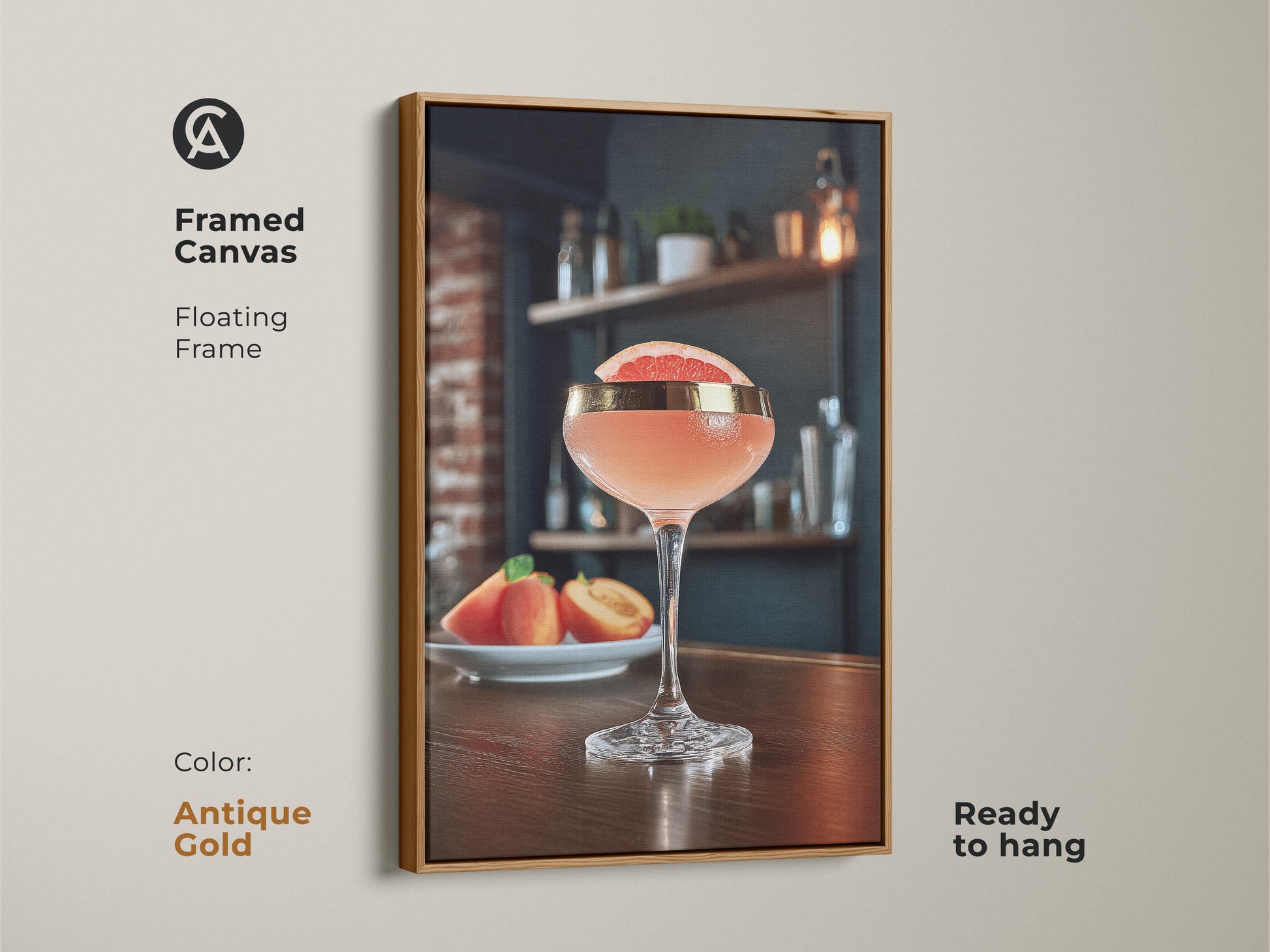 Antique Gold framed canvas featuring grapefruit and peach cocktail art. This floating frame enhances the pink drink canvas making it ready to hang. This is a perfect addition to Scandinavian-inspired decor for a home bar. This is an ideal gift for cocktail enthusiasts.