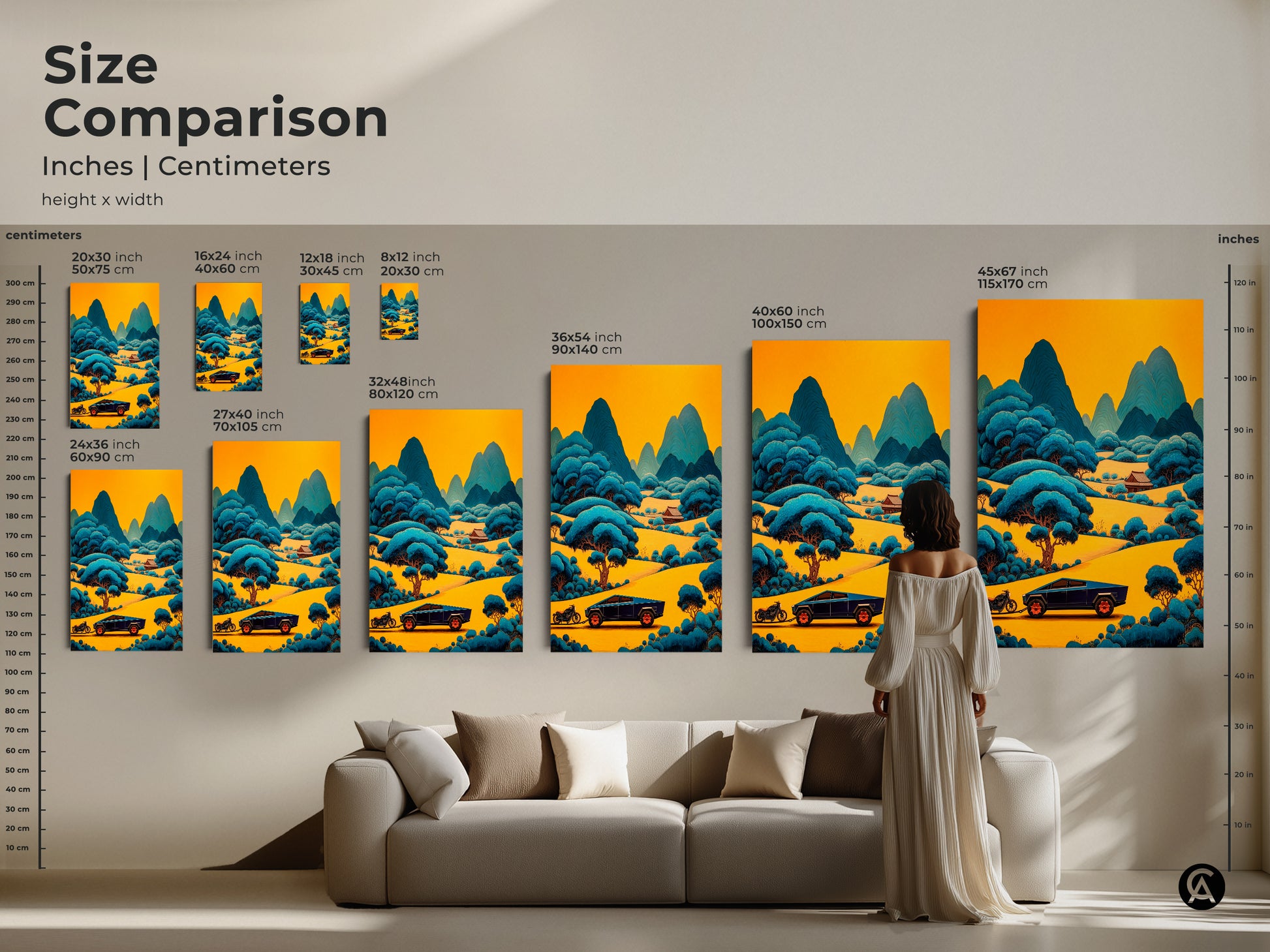 A size comparison featuring the stylish yellow and blue landscape art print on a wall. This stylized mountain road canvas art makes a statement. It's perfect for modern and eclectic decor. Transform any space with this unique and vibrant piece.