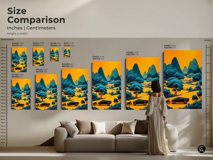 A size comparison featuring the stylish yellow and blue landscape art print on a wall. This stylized mountain road canvas art makes a statement. It's perfect for modern and eclectic decor. Transform any space with this unique and vibrant piece.