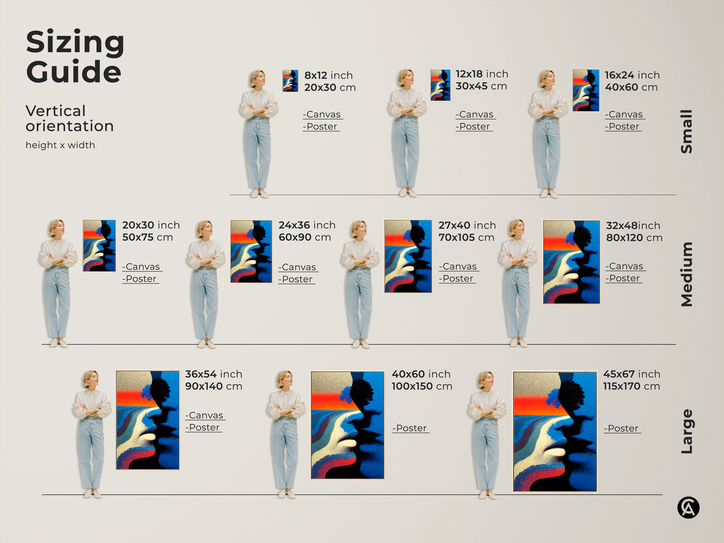 Size comparison showcasing the couple faces artwork in various sizes. The canvas and poster art options range from small to extra large. Perfect for adding a modern touch to any living space.