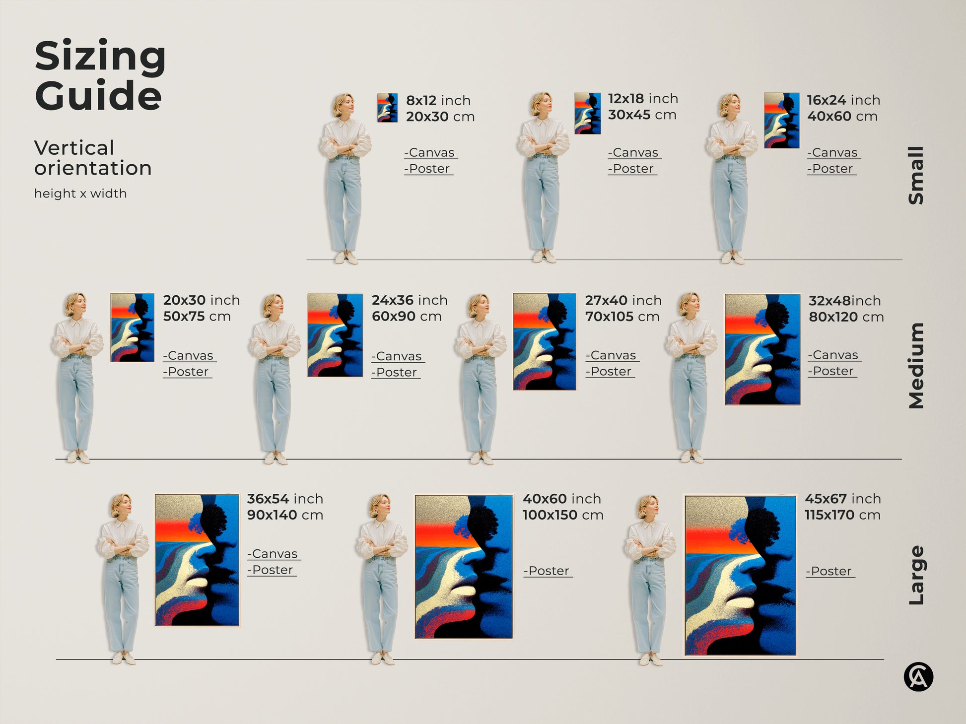 Size comparison showcasing the couple faces artwork in various sizes. The canvas and poster art options range from small to extra large. Perfect for adding a modern touch to any living space.