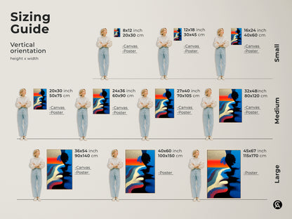 Size comparison showcasing the couple faces artwork in various sizes. The canvas and poster art options range from small to extra large. Perfect for adding a modern touch to any living space.