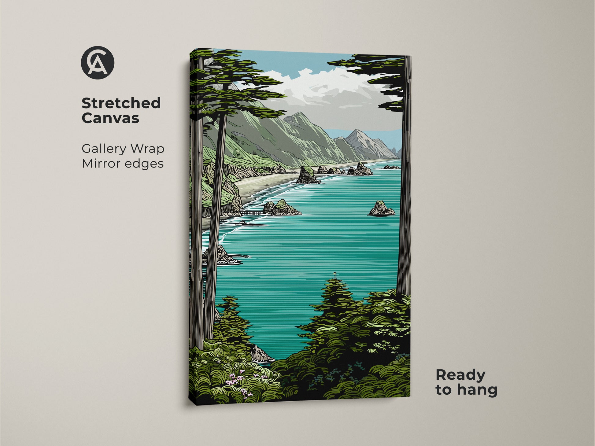 Stretched Canvas of teal aqua mountain artwork. This coastal ocean view art print with gallery wrapped mirror edges is ready to hang. A perfect beach lover housewarming gift for adding coastal living room canvas art.