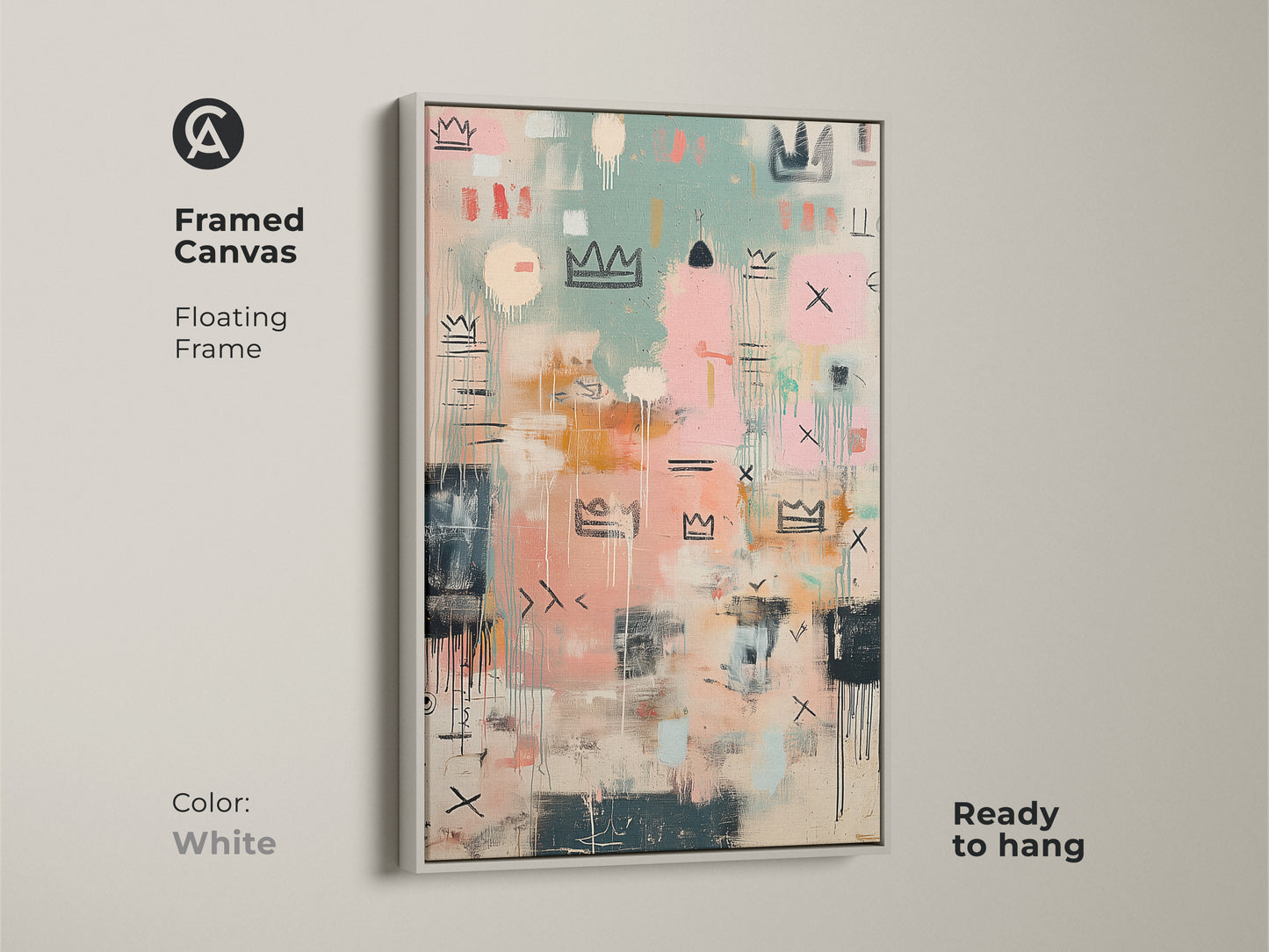 Framed canvas artwork with a floating white frame. The abstract crown art is ready to hang. This piece brings a contemporary feel to your wall decor. Perfect for adding a touch of modern style.