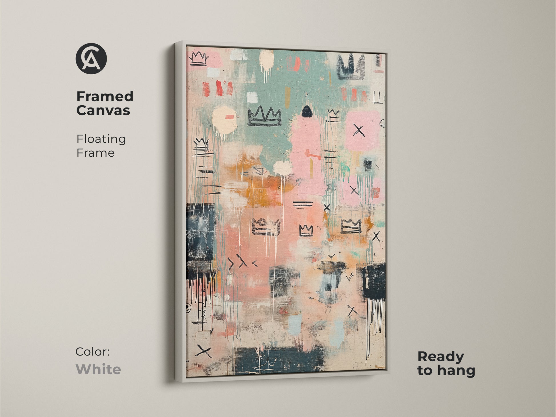 Framed canvas artwork with a floating white frame. The abstract crown art is ready to hang. This piece brings a contemporary feel to your wall decor. Perfect for adding a touch of modern style.