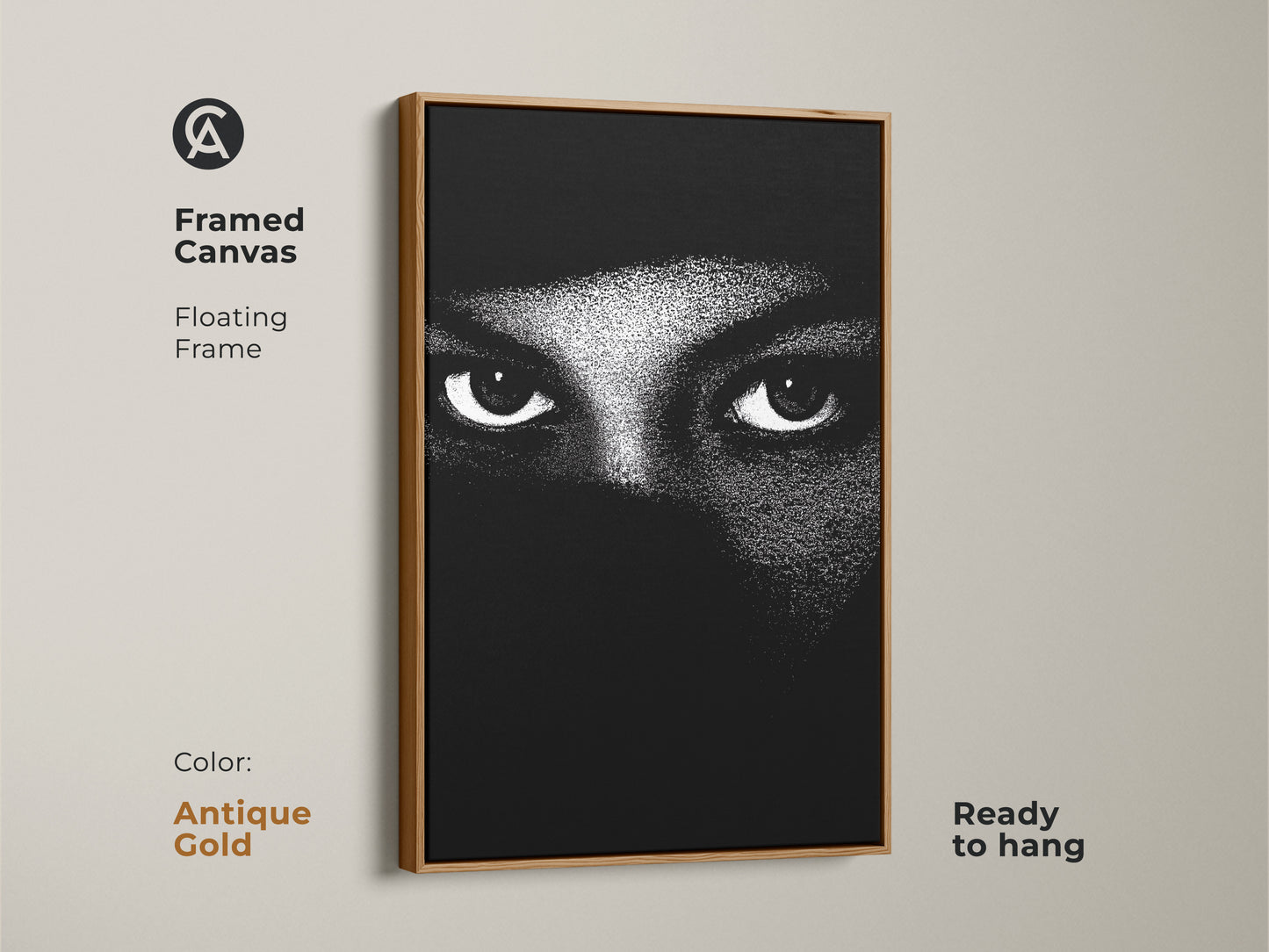 Antique gold framed canvas with monochrome eyes wall art. The abstract face canvas print shows minimalist portrait art. Black and white bedroom decor makes for contemporary living room art. High contrast artwork offers a modern abstract print. This mystery themed art is ready to hang.