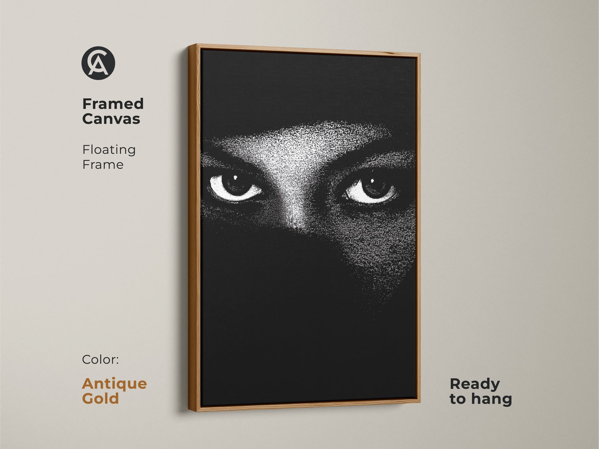 Antique gold framed canvas with monochrome eyes wall art. The abstract face canvas print shows minimalist portrait art. Black and white bedroom decor makes for contemporary living room art. High contrast artwork offers a modern abstract print. This mystery themed art is ready to hang.