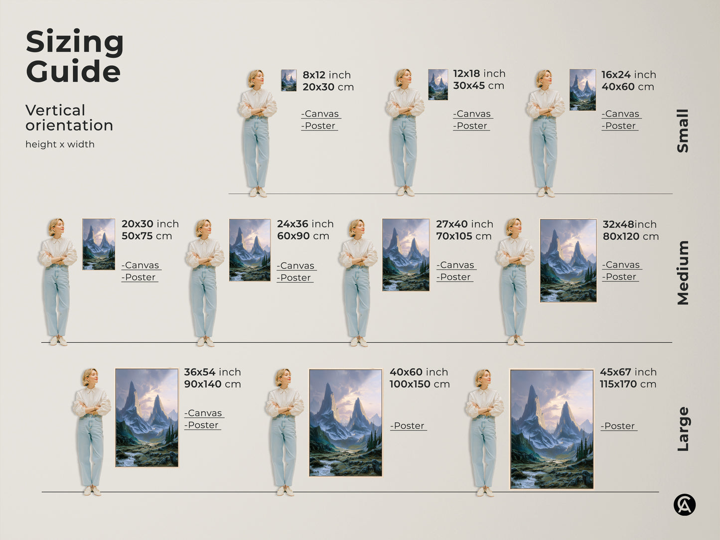 Sizing guide for vertical mountain landscape art. Canvas and poster options are available in small medium and large sizes. Find the perfect fit for your space with this epic mountain peaks artwork.