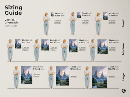 Sizing guide for vertical mountain landscape art. Canvas and poster options are available in small medium and large sizes. Find the perfect fit for your space with this epic mountain peaks artwork.