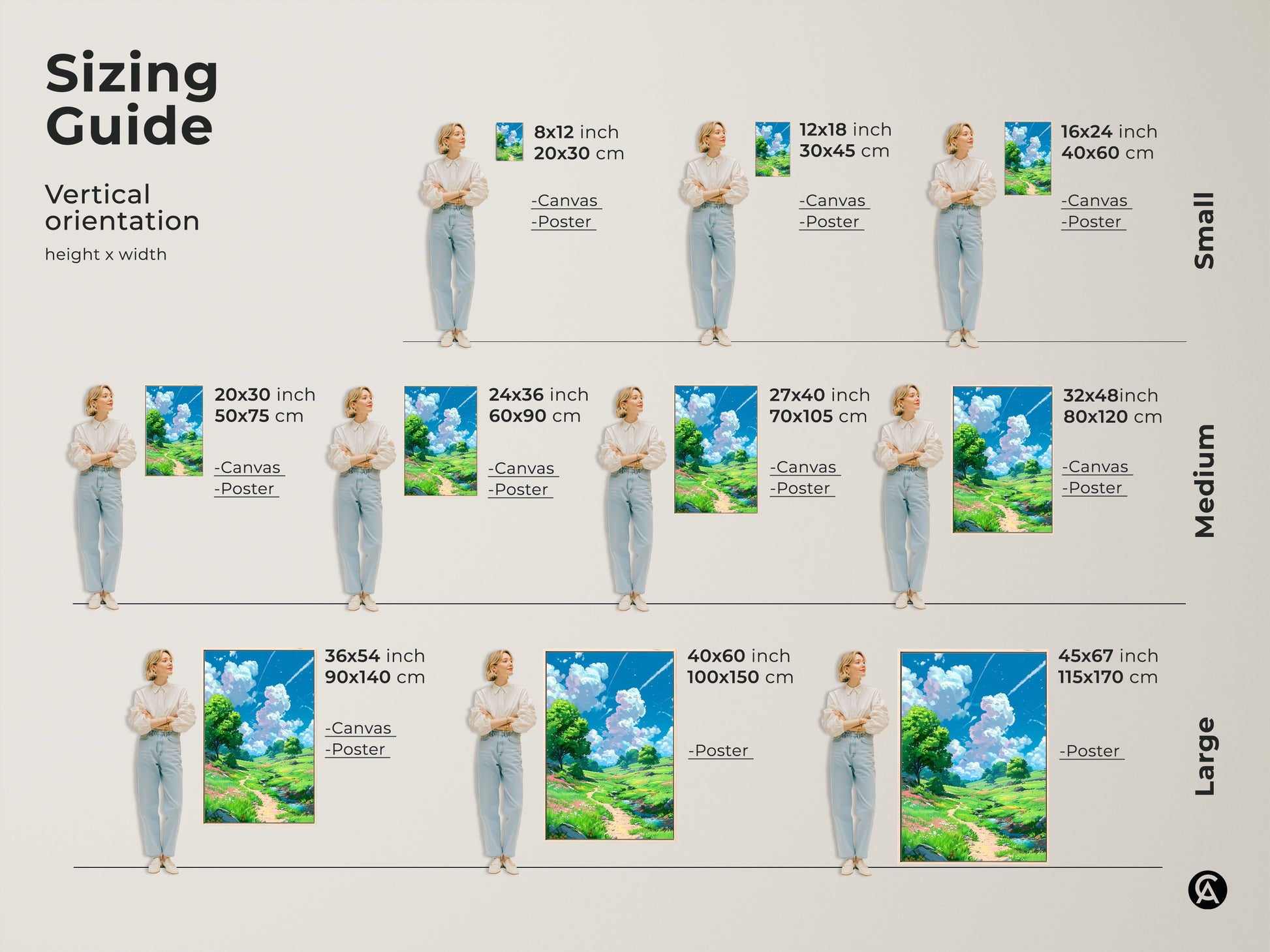 Sizing guide for vertical landscape artwork available in canvas and poster formats. Sizes range from small 8x12 inch to large 45x67 inch. Find the perfect dimensions to complement your space with this beautiful nature painting.
