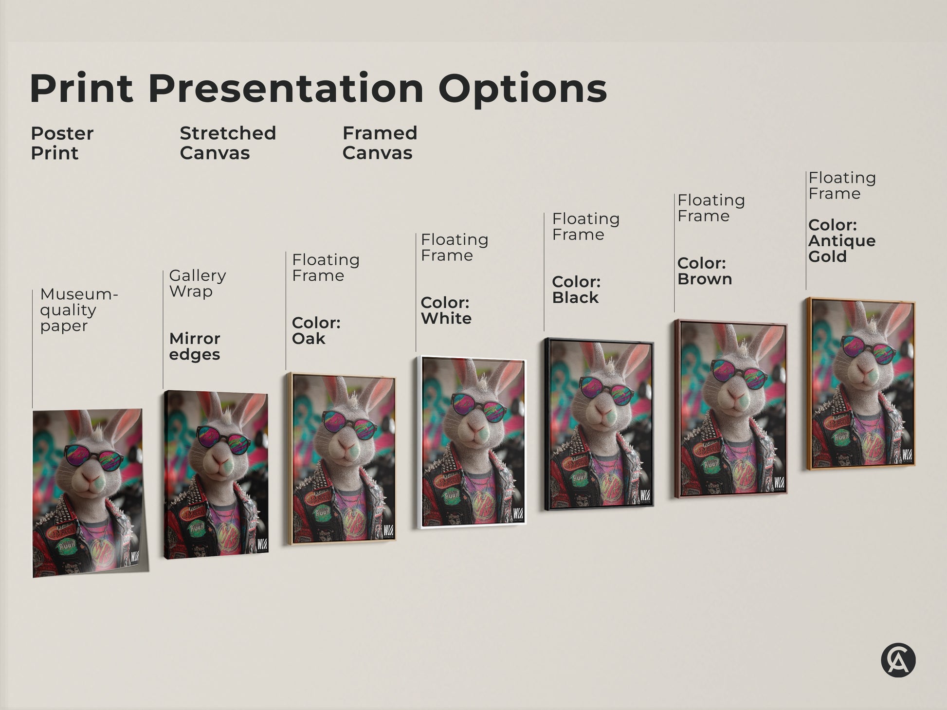Explore print options for punk rock bunny artwork. Choose from poster prints stretched canvases and framed canvases. There are various frame colors to suit any decor. Find the perfect edgy animal wall decor for teen rooms or man caves. A unique gift for alternative art enthusiasts