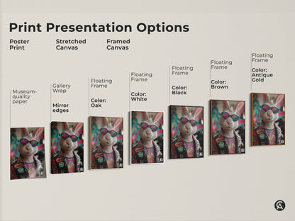 Explore print options for punk rock bunny artwork. Choose from poster prints stretched canvases and framed canvases. There are various frame colors to suit any decor. Find the perfect edgy animal wall decor for teen rooms or man caves. A unique gift for alternative art enthusiasts