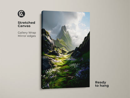 A mountain landscape canvas print. This green meadow wildflower art is an impressionist nature wall art piece. This outdoor scenery artwork would be a great gift for hiker outdoor lover.