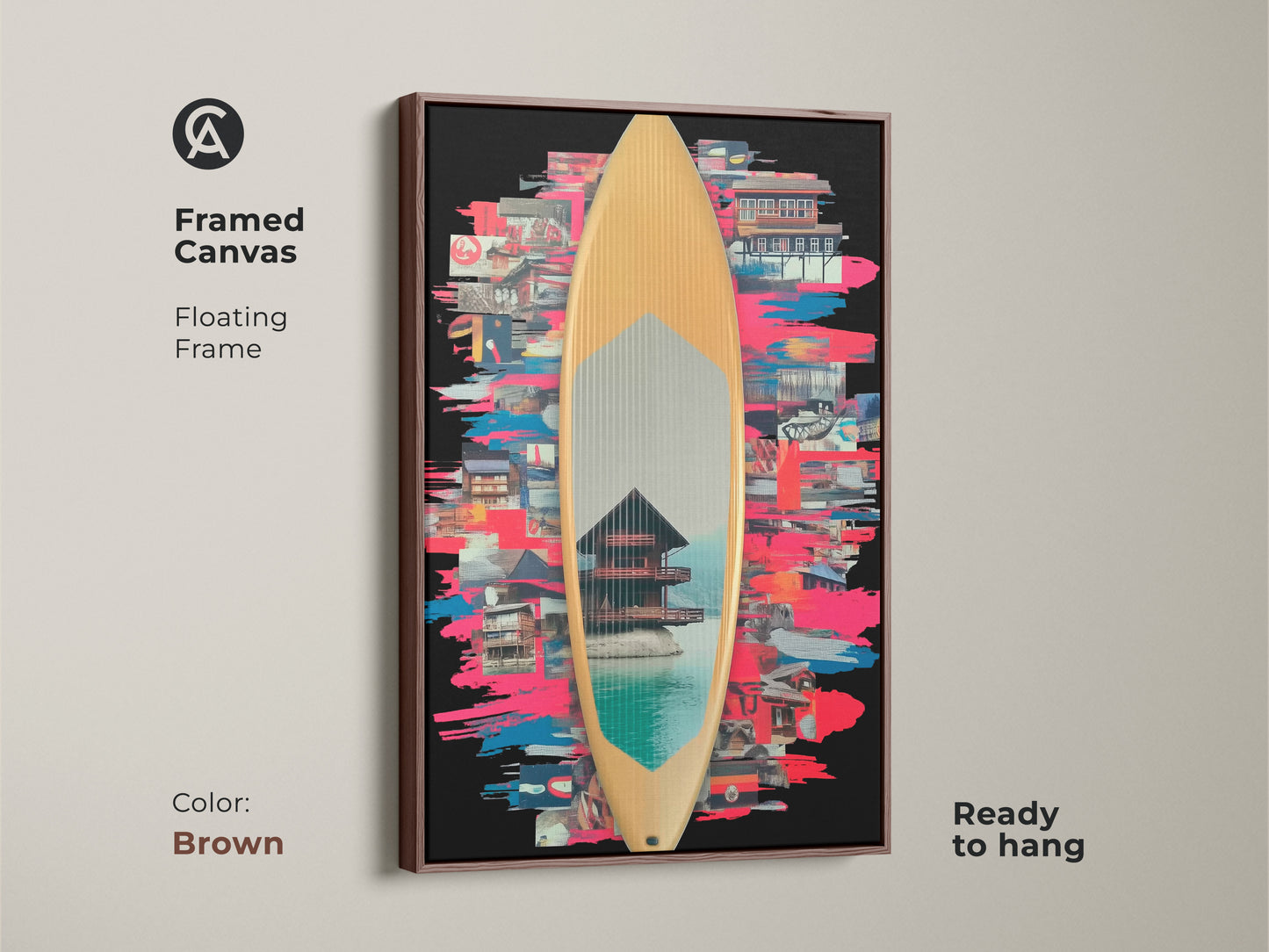 Framed canvas showcasing surfboard collage art with a floating brown frame ready to hang. The art combines Japanese architectural motifs with surf culture. Its eclectic teal blue pink art is perfect as wall decor. Vibrant and artistic for contemporary collage enthusiasts.