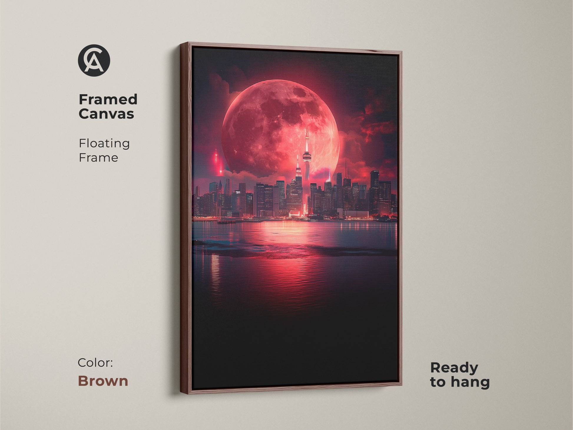 Framed canvas artwork showcasing a surreal cityscape under a crimson moon. The floating brown frame complements the fantasy night sky print. This city view art print is ready to hang offering a touch of the surreal. A great cityscape lover gift