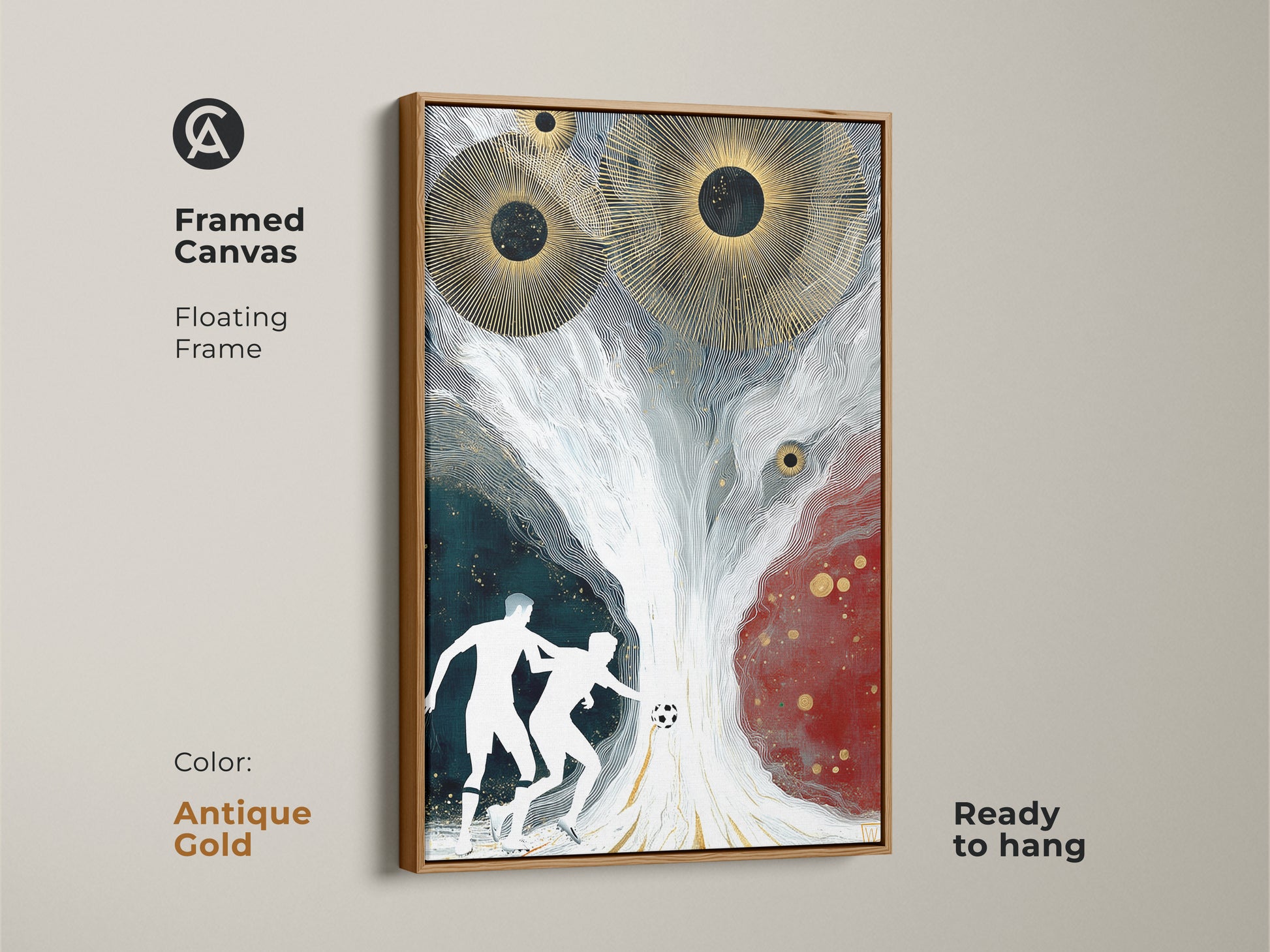 Framed canvas abstract soccer painting with an antique gold floating frame. Gold sunbursts and a dynamic soccer scene create a modern sports aesthetic. Perfect as a gift for a soccer fan it adds a unique touch to any room with a premium canvas and artistic soccer representation.