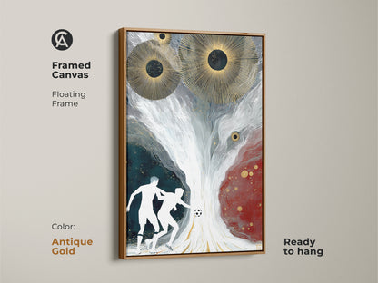 Framed canvas abstract soccer painting with an antique gold floating frame. Gold sunbursts and a dynamic soccer scene create a modern sports aesthetic. Perfect as a gift for a soccer fan it adds a unique touch to any room with a premium canvas and artistic soccer representation.