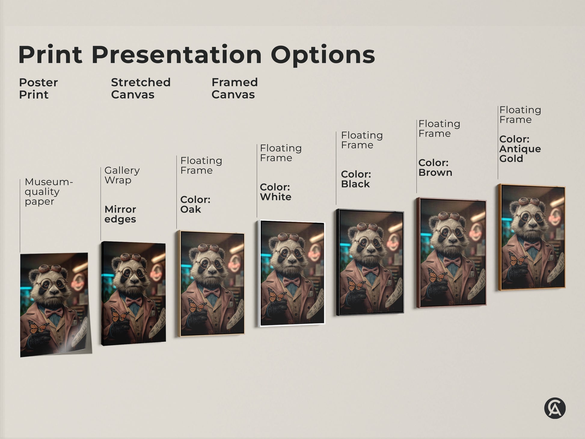 Sizing guide shows the Steampunk Panda surreal art in various vertical orientations. Options include canvas and poster prints. This guide helps visualize the artwork's impact at different sizes for your eclectic study or office space.