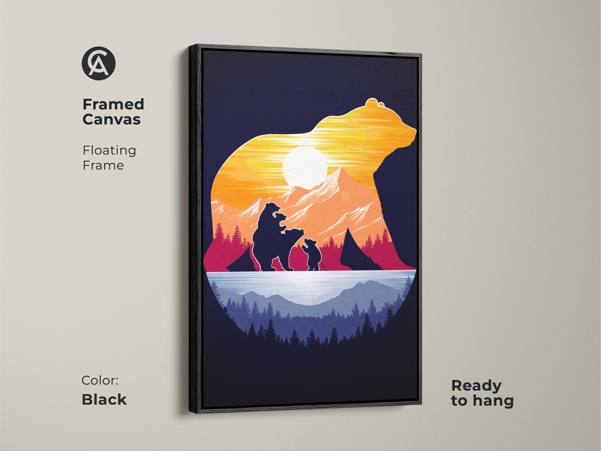 Framed canvas in black of the bear family art. The floating frame adds depth to this mountain sunset artwork. It is ready to hang a rustic silhouette art piece. It is an ideal gift for outdoor lovers. The orange yellow and blue colors bring a serene touch.