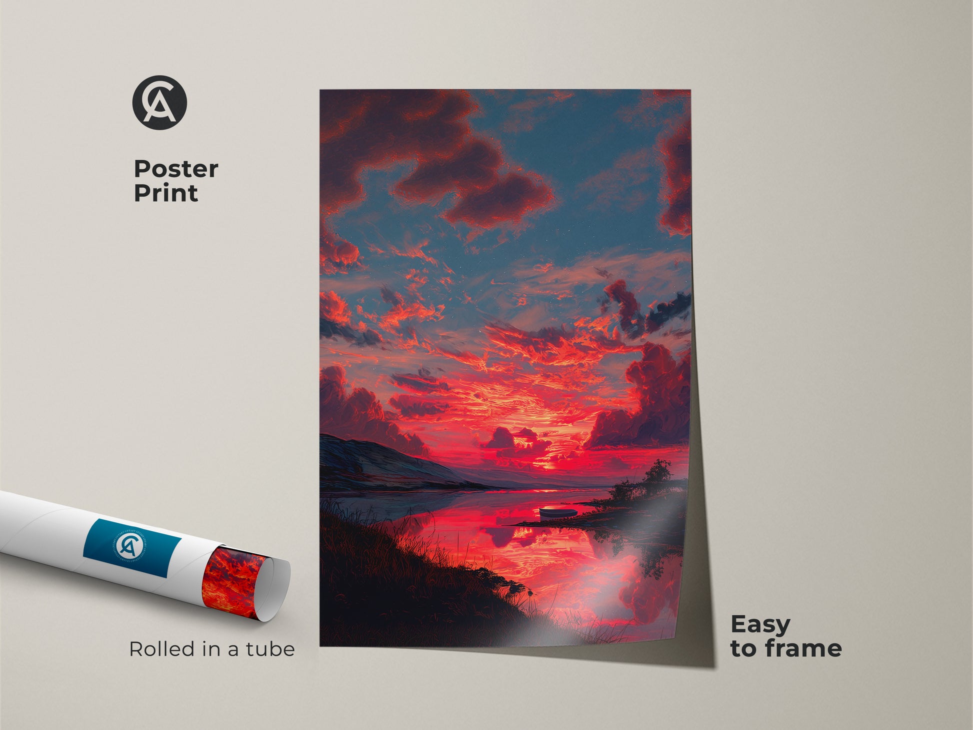 Poster print of a contemporary landscape painting featuring an expressive skyscape. The dramatic crimson sunset brings vibrant color to any space. This nature lover gift art is easy to frame and adds modern home decor art to your walls. Rolled in a tube this skyscape landscape print is perfect.