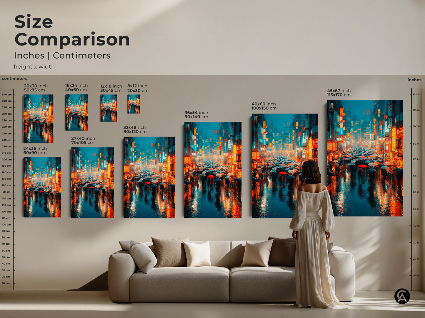 Size comparison of cyberpunk canvas art prints. The sizes range from small to extra-large. The artwork is a neon Japanese street scene. Perfect wall art for adding a modern urban aesthetic to your living room media room or entryway.